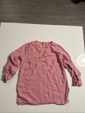 Michael Kors Red & White Striped Adjustable Sleeves 100%Linen Shirt Top Size 6